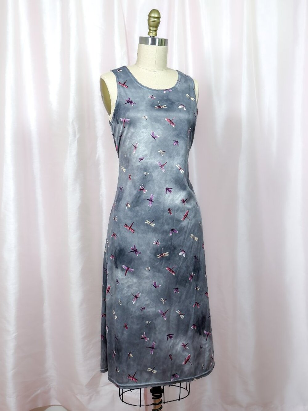 Vintage 1990s Dragonfly Midi Dress | Gray Whimsygoth Fairycore | Fits XS/S